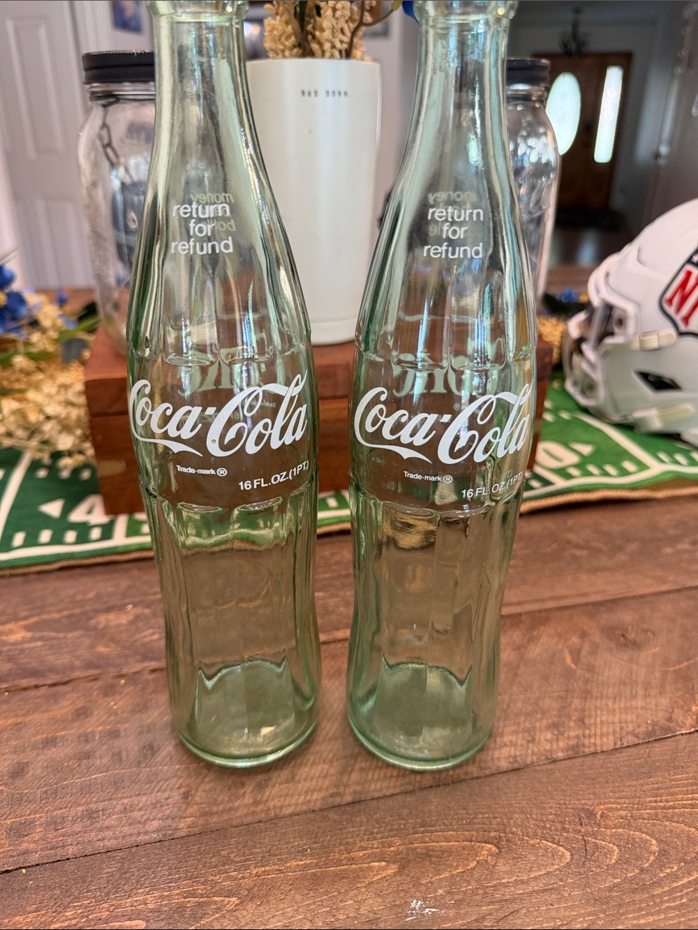 Vintage Coca-Cola 16 oz Green Glass Bottles Set of 2 - 1983 & 1985 EUC
